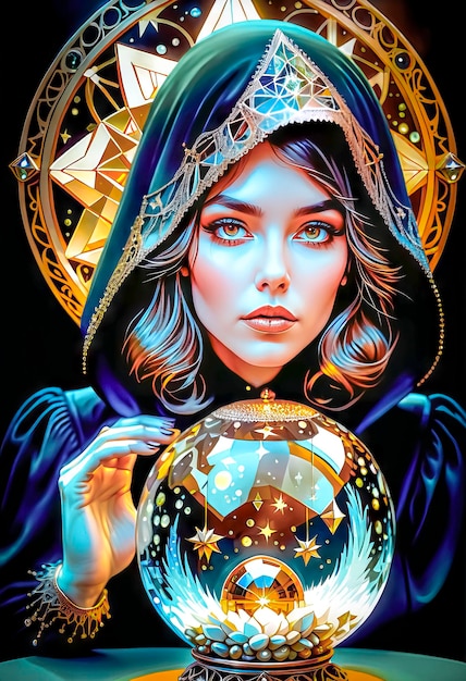 Una bella divinatrice misteriosa con occhi penetranti predice il destino su una palla magica
