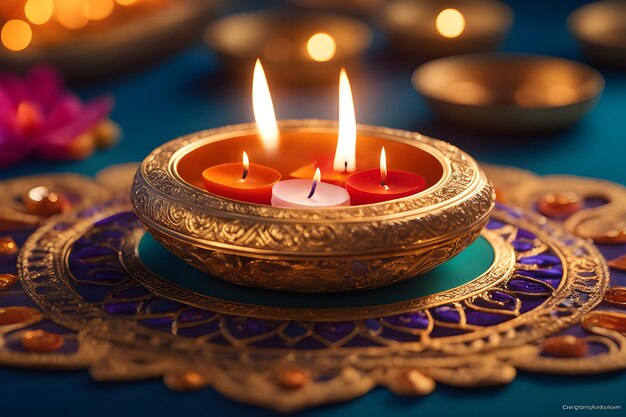 Una bella diwali diya con candele accese su uno sfondo blu