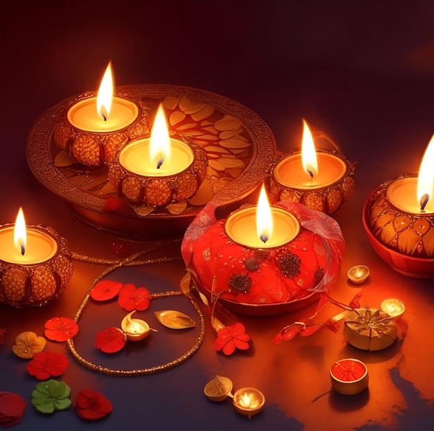 Una bella diya di Diwali con candele accese su uno sfondo colorato