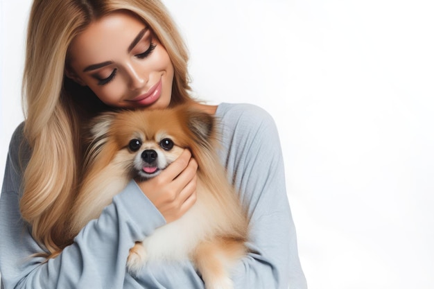 Una bella donna abbraccia amorevolmente il suo cane isolato su uno sfondo bianco