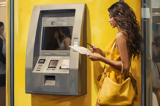 Una bella donna ad un bancomat che fa una transazione con la sua carta di credito