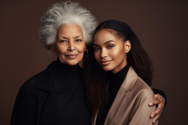 una bella donna adulta dai capelli grigi e la sua giovane figlia afroamericana