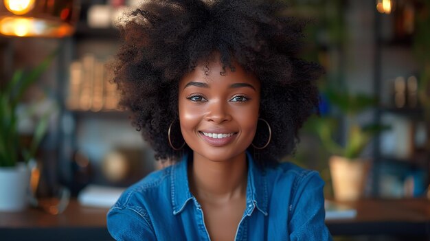 Una bella donna afro di forma rotonda con un sorriso in un ufficio vestita di blu Generative Ai