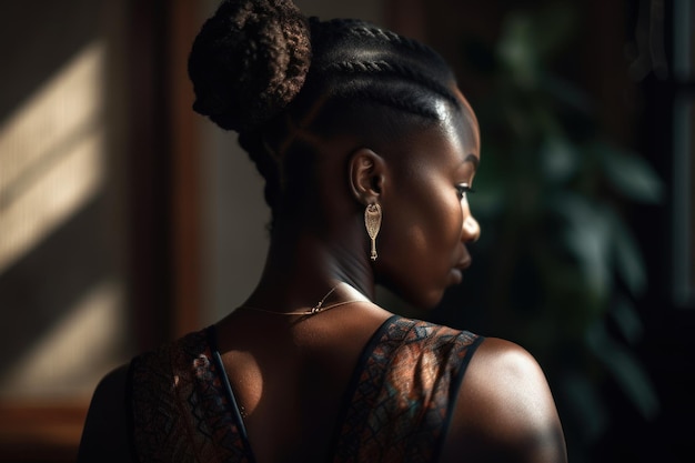 Una bella donna afro sta con la schiena in un interno tropicale Illustrazione fotorealistica AI generativa