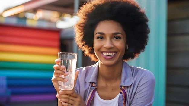 Una bella donna afro tiene un bicchiere d'acqua e ha uno sguardo felice