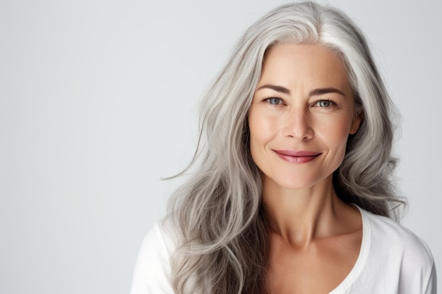 Una bella donna anziana con una pelle del viso liscia e sana e capelli lunghi grigi splendida