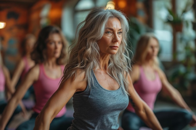 Una bella donna anziana indossa abbigliamento sportivo facendo esercizi in un gruppo di allenamento in palestra