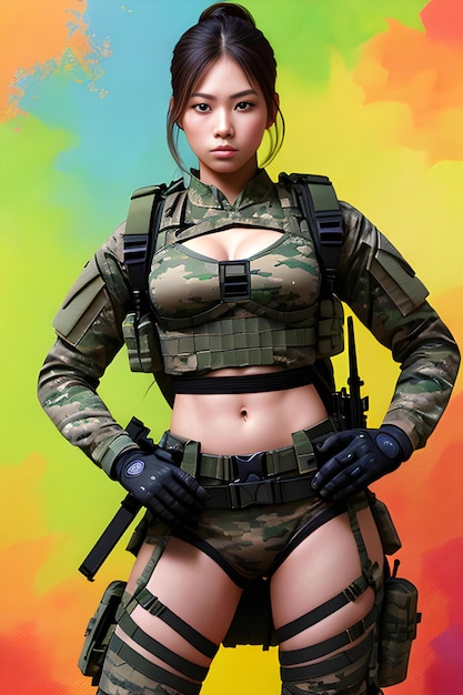 Una bella donna asiatica che indossa l'uniforme militare
