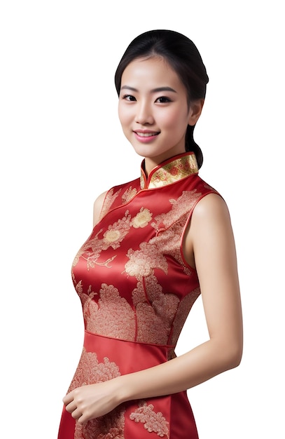 Una bella donna asiatica felice che indossa il tradizionale vestito cheongsam