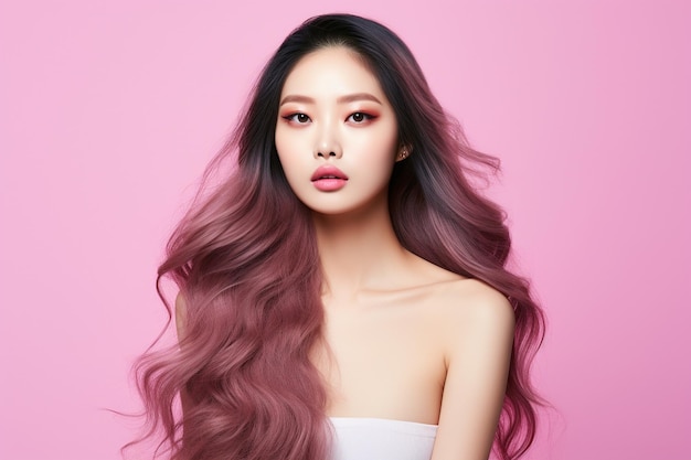 Una bella donna asiatica, modella con i capelli lunghi.