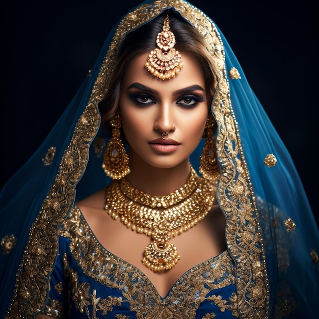Una bella donna attraente con una collana d'oro e di diamanti con un anello, orecchini e un braccialetto.