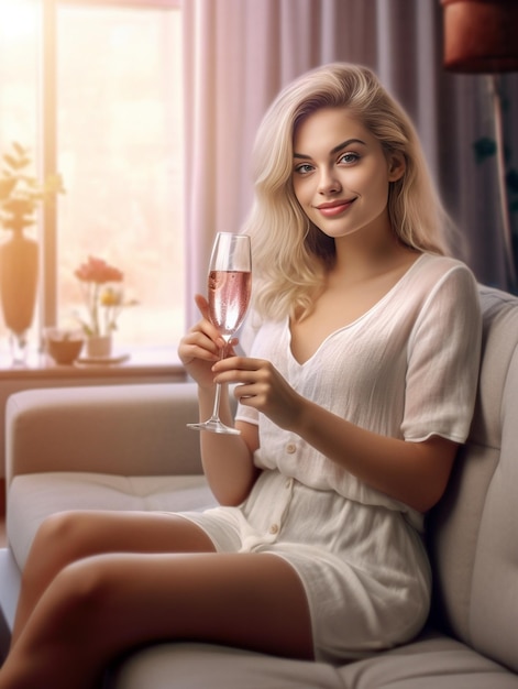 Una bella donna bionda adulta in camicia bianca seduta sul divano che posa con un bicchiere di IA generativa
