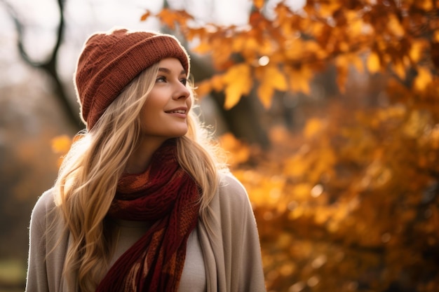 una bella donna bionda che indossa un cappello e una sciarpa in autunno