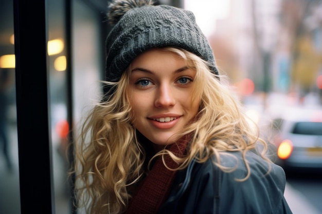 una bella donna bionda con un cappello invernale