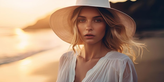 una bella donna bionda con una camicia bianca e un cappello corto che cammina sulla spiaggia