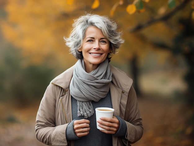 Una bella donna bionda e matura beve una bevanda calda in un parco autunnale.