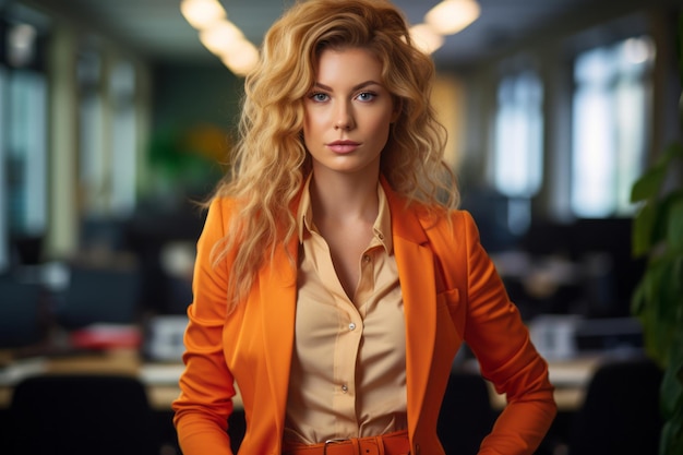 una bella donna bionda in un abito arancione in posa in un ufficio