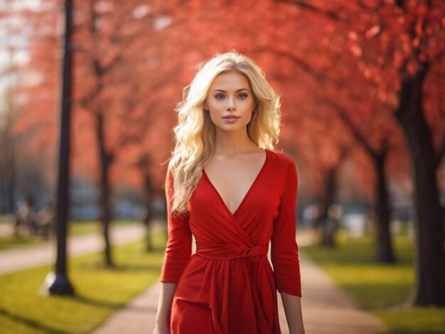 Una bella donna bionda nel parco in una calda giornata di primavera