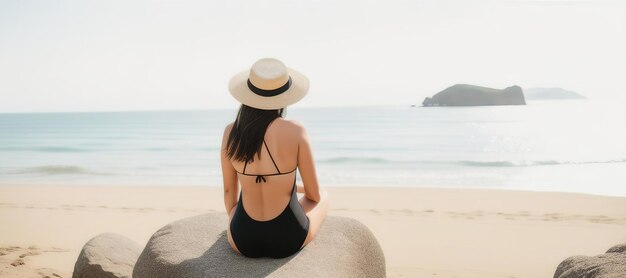 Una bella donna bruna vestita con un costume da bagno nero e un cappello di paglia a tesa larga entra nell'oceano