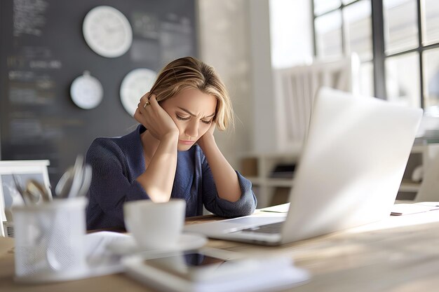 Una bella donna caucasica è occupata e stressata alla sua scrivania in ufficio.