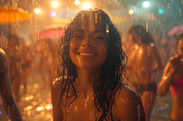 Una bella donna che balla sotto la pioggia in un club all'aperto che ride gioiosamente con le persone che ballano intorno
