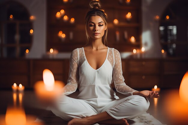 Una bella donna che fa meditazione yoga in posizione di loto