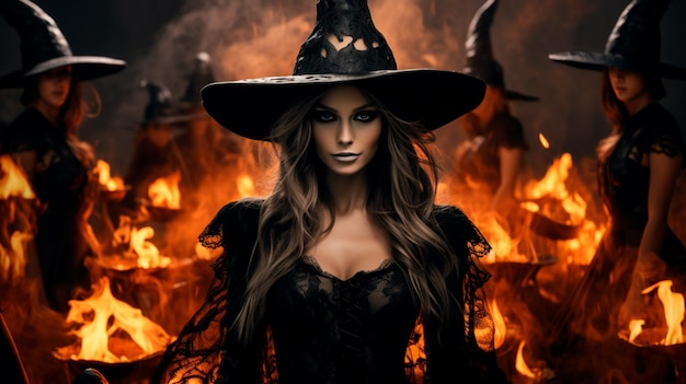 una bella donna che indossa abiti da strega per la celebrazione di Halloween