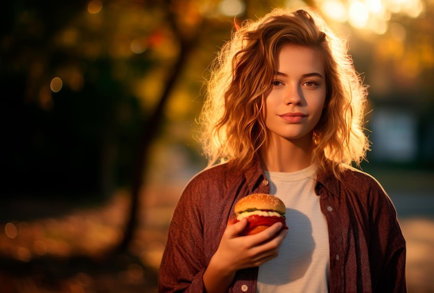 una bella donna che mangia hamburger