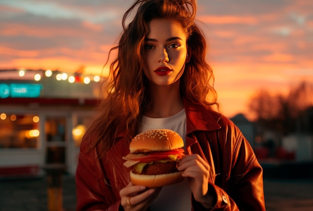 una bella donna che mangia hamburger