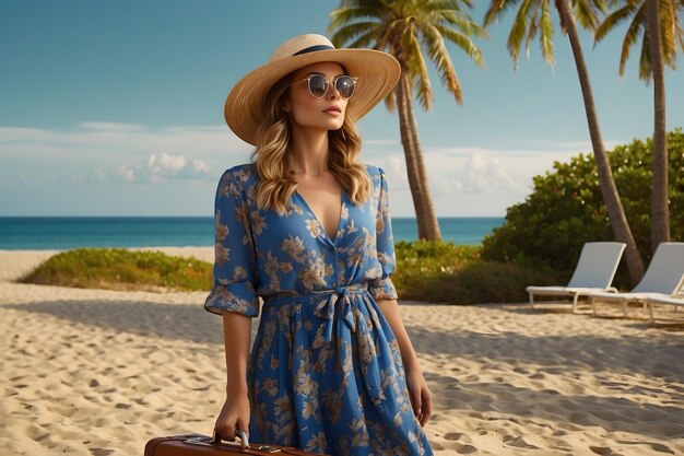 Una bella donna che porta una valigia sulla spiaggia