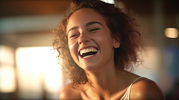 UNA BELLA DONNA CHE RIDE MOSTRAndo I SUOI DENTI LA LUCE COLPISCE IL SUO VOLTO DA UN LATO