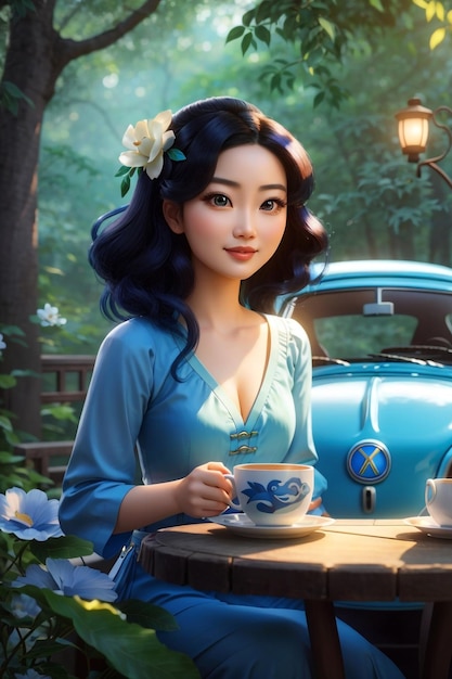 Una bella donna cinese che si gode una tazza di caffè in un giardino alberato Carino fusca blu con gli occhi