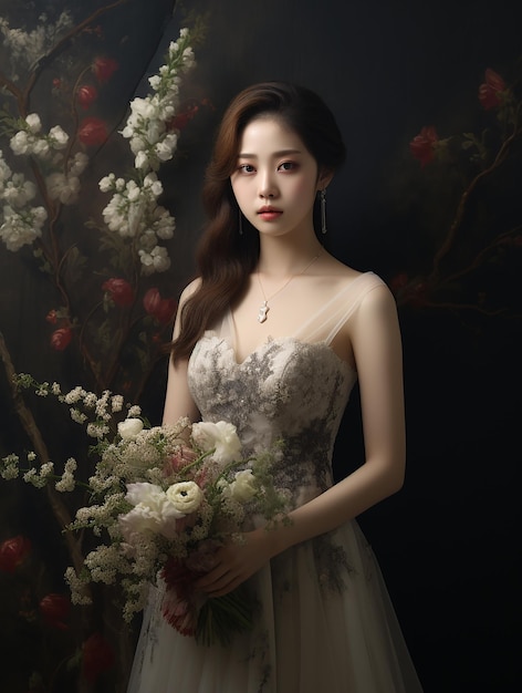 Una bella donna classica in piedi davanti ai fiori.