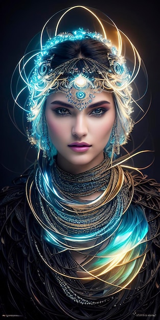 Una bella donna con gli occhi azzurri e una collana d'oro si illumina di blu su uno sfondo scuro