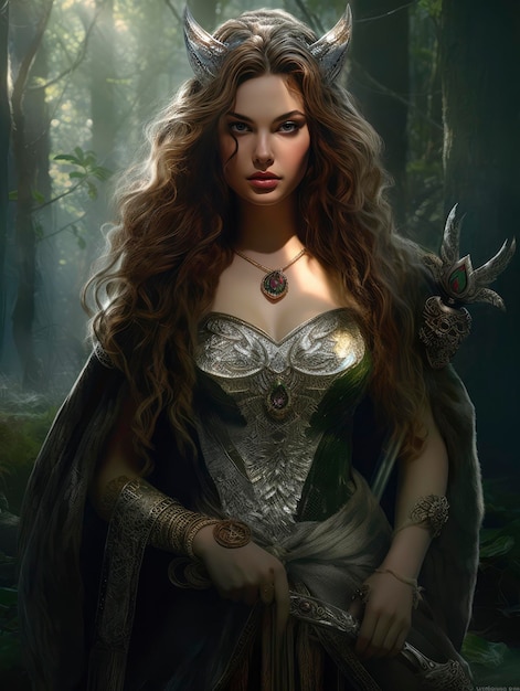 Una bella donna con i capelli lunghi e una collana con scritto "la strega".
