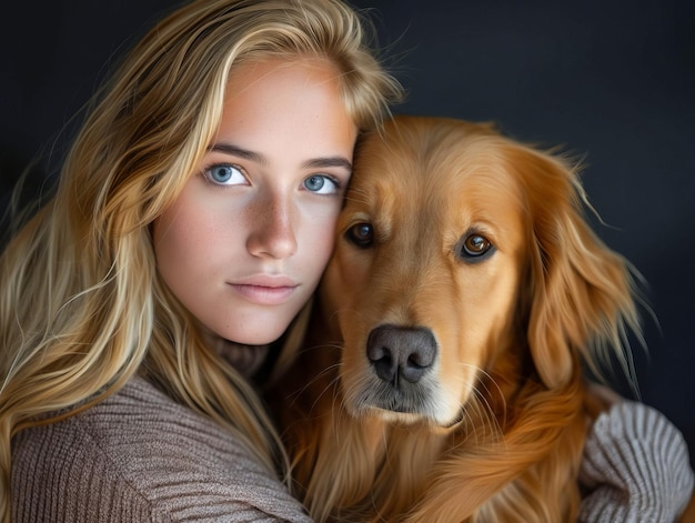 Una bella donna con il suo golden retriever.