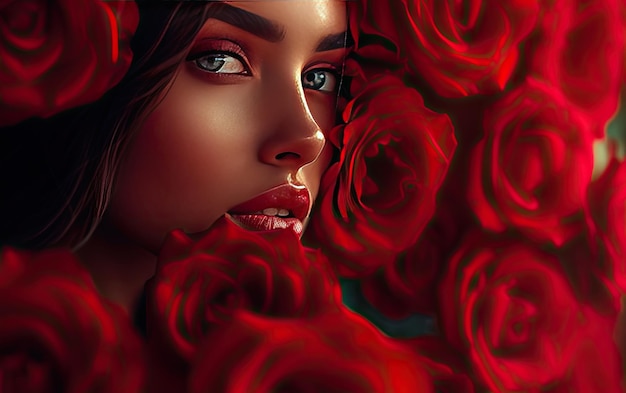 una bella donna con rose rosse pubblicità professionale post foto ai generato