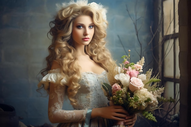 Una bella donna con un bouquet di fiori