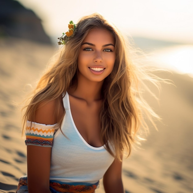 una bella donna con una corona di fiori sulla testa estate spiaggia