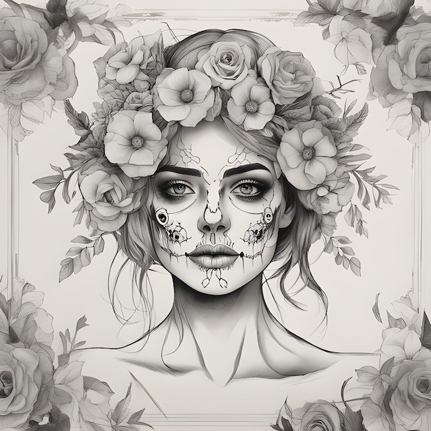 Una bella donna con una corona di fiori tra i capelli e il disegno di un teschio sul viso