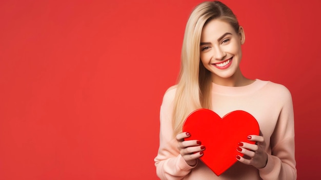 Una bella donna con una scatola regalo a forma di cuore su uno sfondo rosso