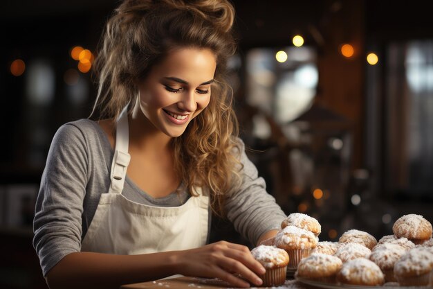 Una bella donna cucina dolci deliziosi e salutari per le vacanze.