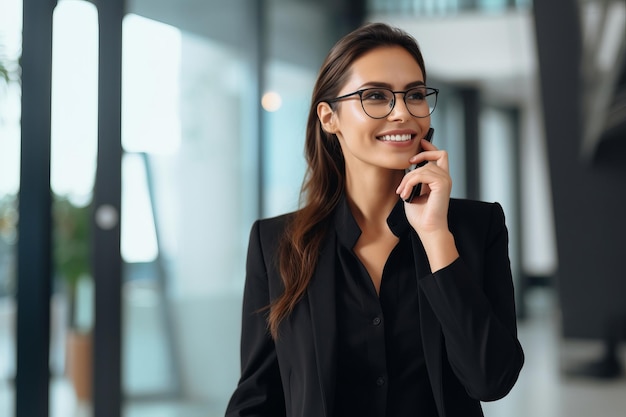 Una bella donna d'affari in abito che parla al telefono.