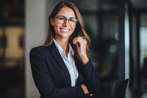 Una bella donna d'affari in abito che parla al telefono.