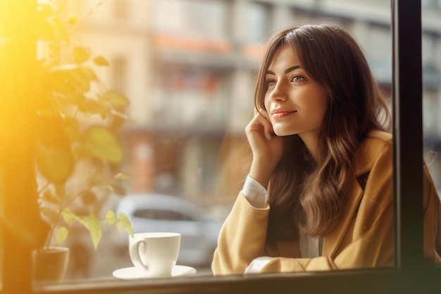 Una bella donna d'affari seduta felice a guardare fuori dalla finestra in un caffè