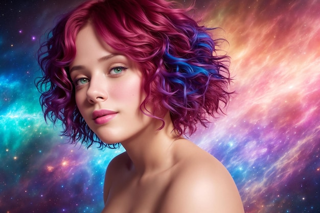 Una bella donna dai capelli multicolori guarda la telecamera sullo sfondo di un cielo cosmico colorato con stelle e pianeti IA generativa