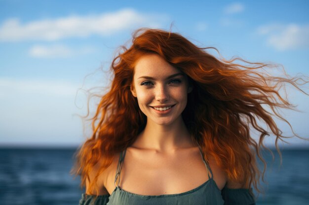 Una bella donna dai capelli rossi sorridente sul mare