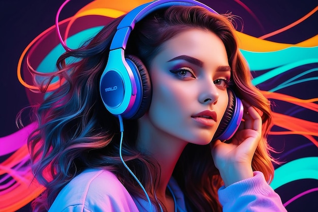 Una bella donna di moda con le cuffie che ascolta musica su onde di neon colorate e linee sullo sfondo dello studio