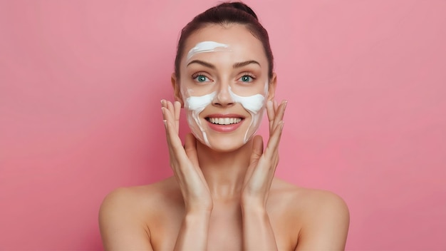 Una bella donna felice si applica la crema sul viso cosmetologia bellezza e spa