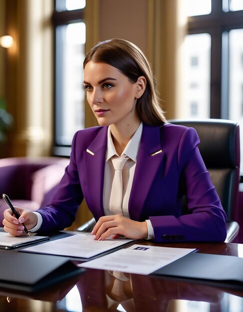 Una bella donna in abito da ufficio viola.